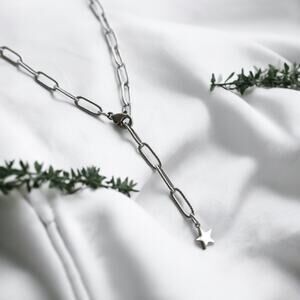 NEW 18K white gold pl paper clip chain choker star pendant necklace jewelry B15A